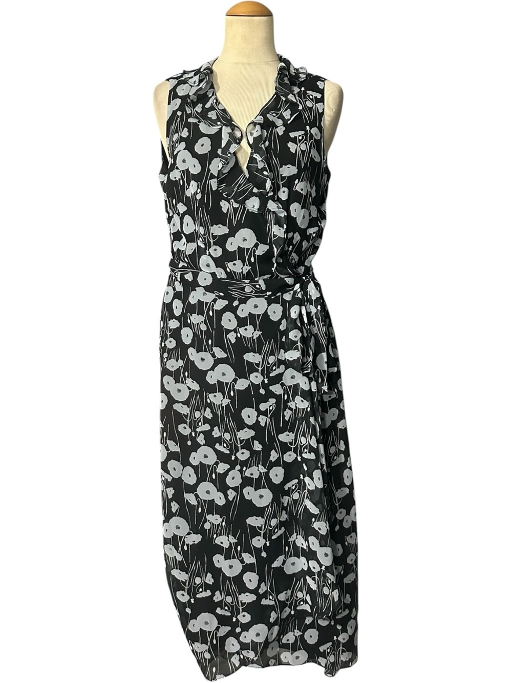 Bar III Ruffle Wrap Midi Dress Black Floral Size 12